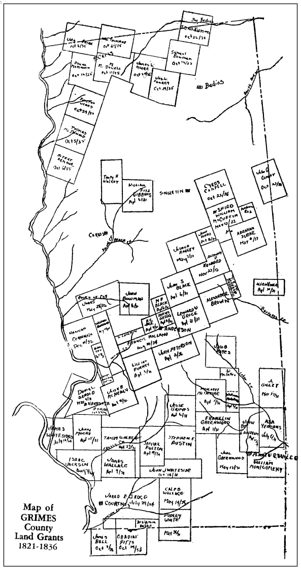 Map from Appendix II of Early History of Grimes County by E. L. Blair